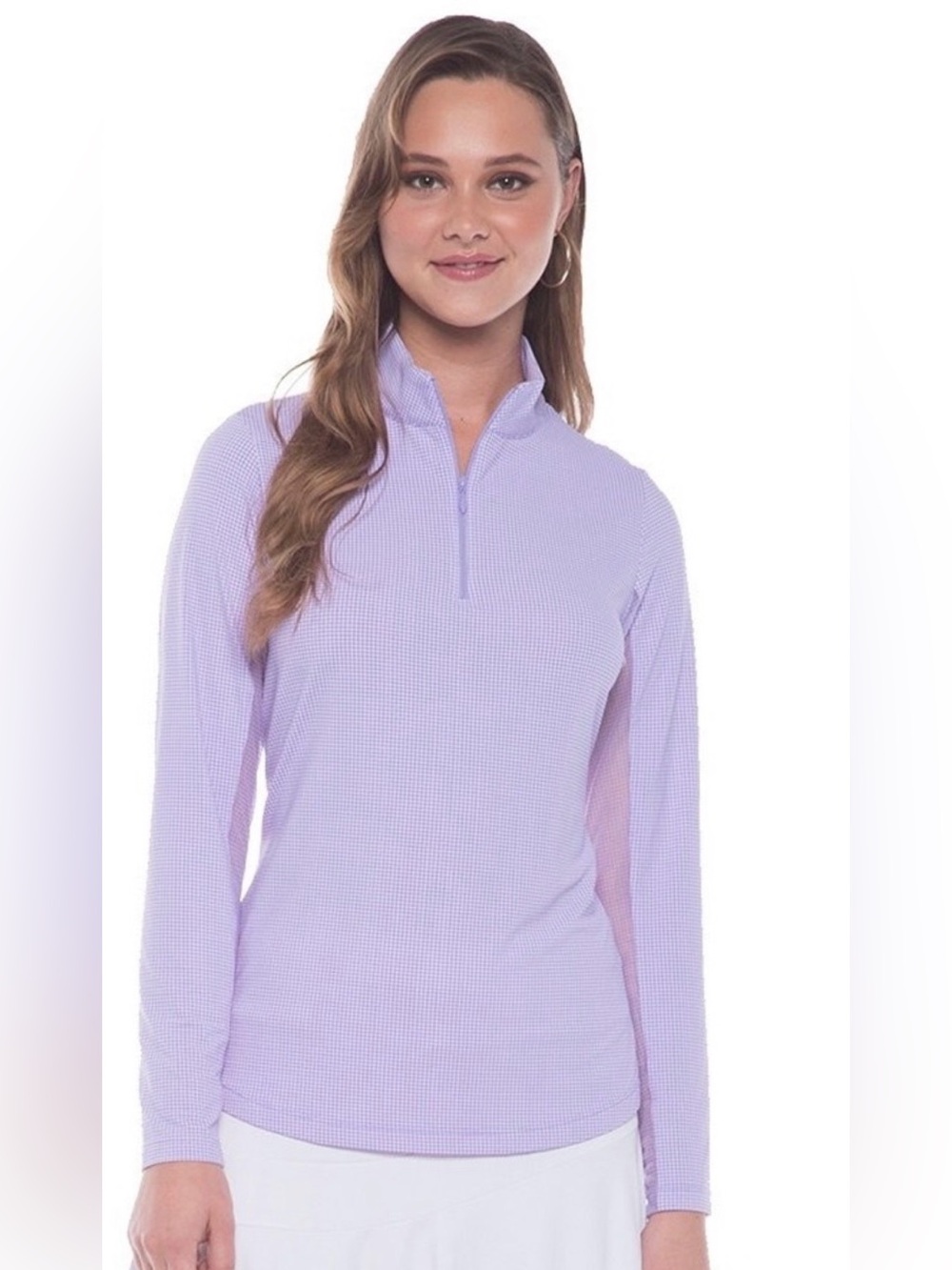 IBKUL Women Long Sleeve 1/4 Zip Golf Purple White Mini Check Ruched Sides Top L